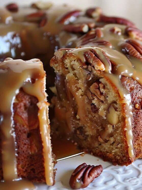 Apple Pecan Cake with Caramel Glaze