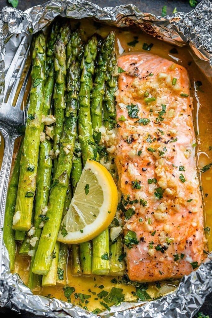 One Pan Salmon and Asparagus with Garlic Herb Butter
