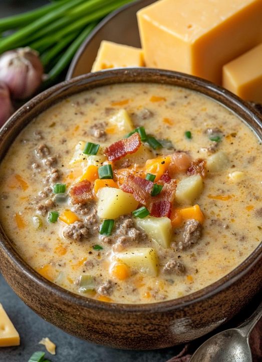 Slow Cooker Cheesy Burger Flavored Soup 