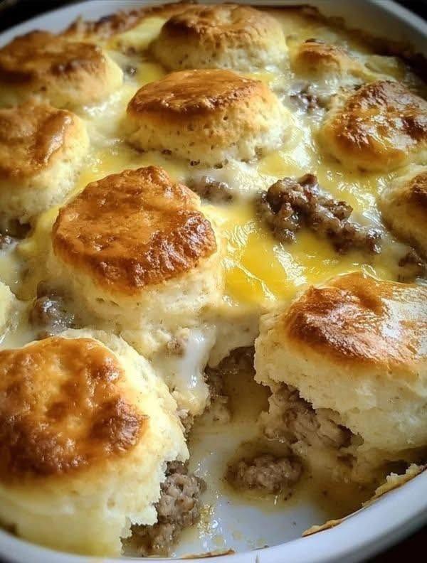 Biscuits and Gravy with Sausage and Egg Breakfast Casserole
