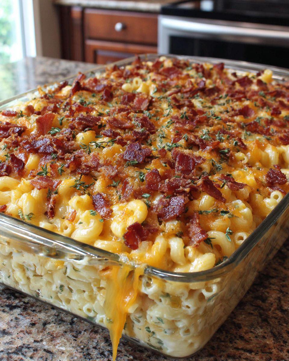 Baked macaroni and cheese with bacon