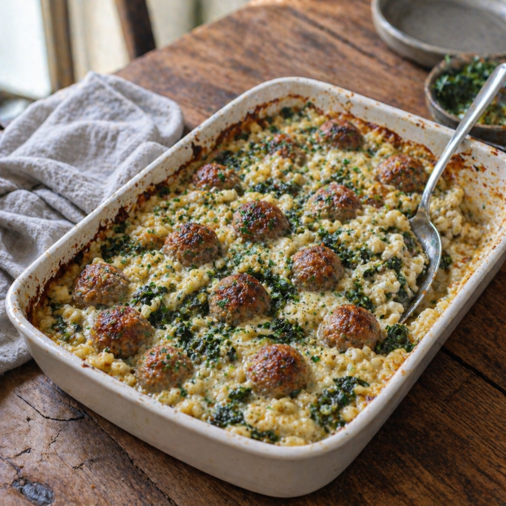 Baked Meatball & Spinach Pasta