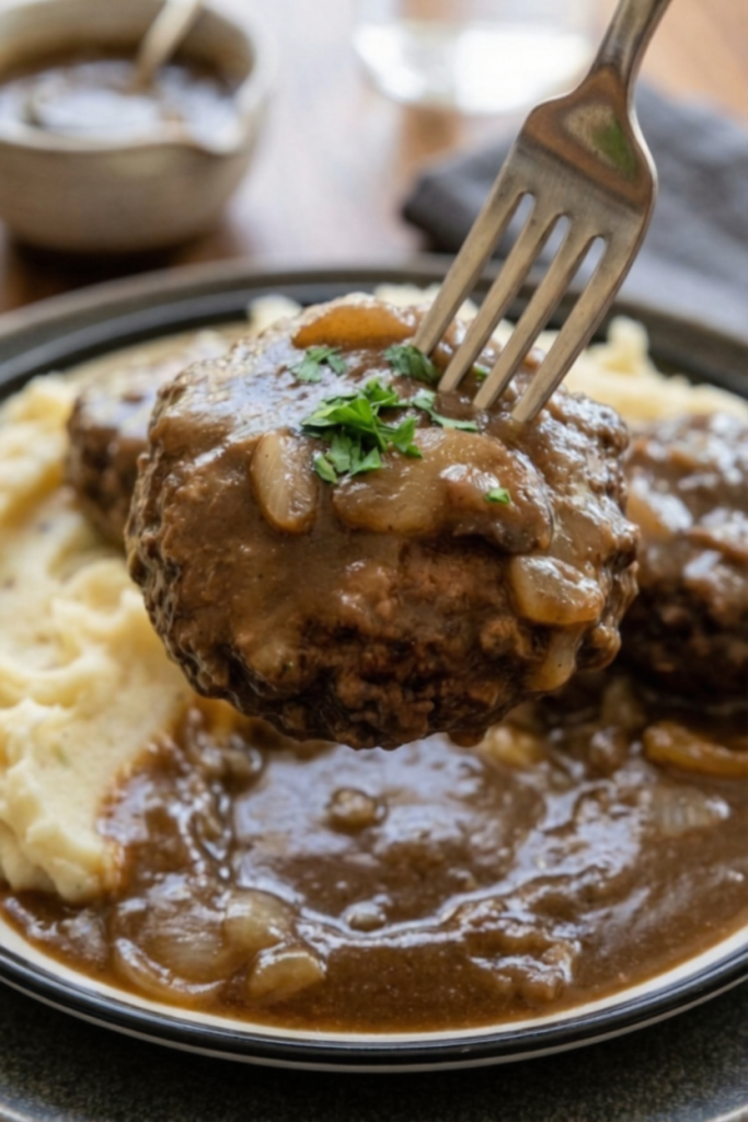SALISBURY STEAK WITH MASHED POTATOES AND MUSHROOM GRAVY