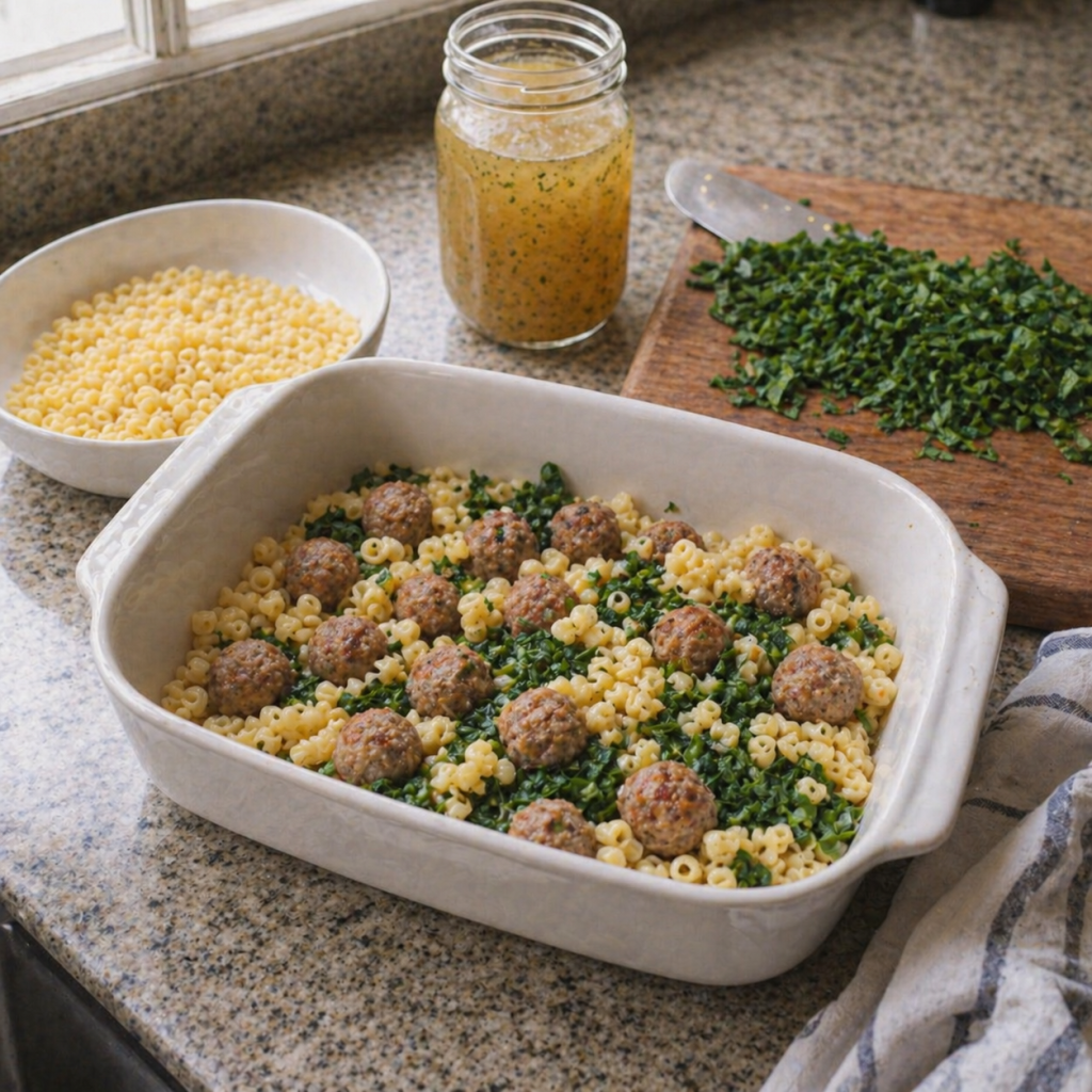 Baked Meatball & Spinach Pasta