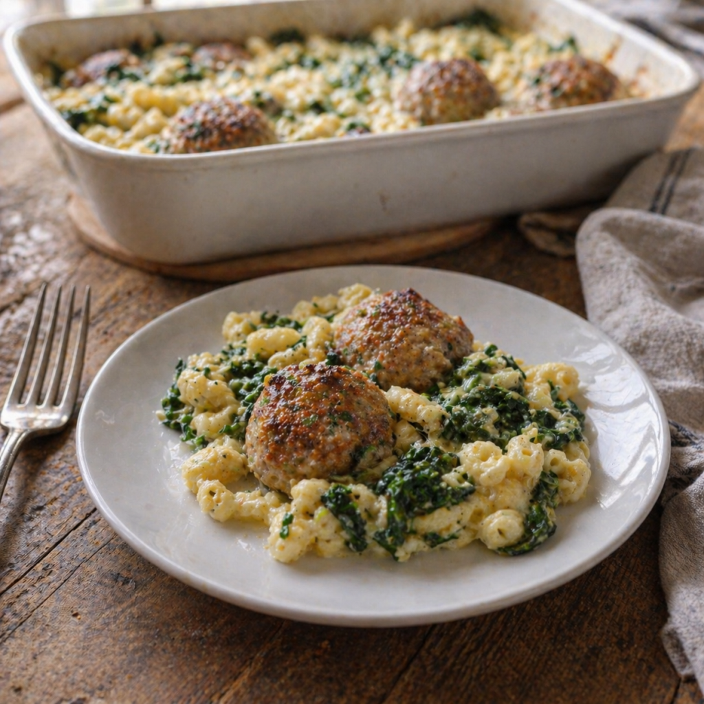 Baked Meatball & Spinach Pasta