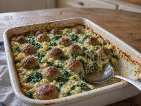 Baked Meatball & Spinach Pasta
