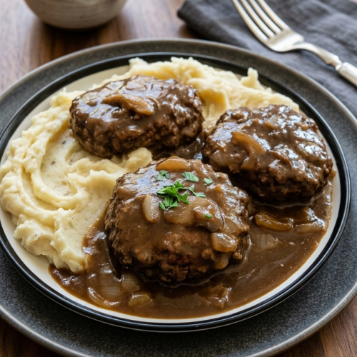 SALISBURY STEAK WITH MASHED POTATOES AND MUSHROOM GRAVY