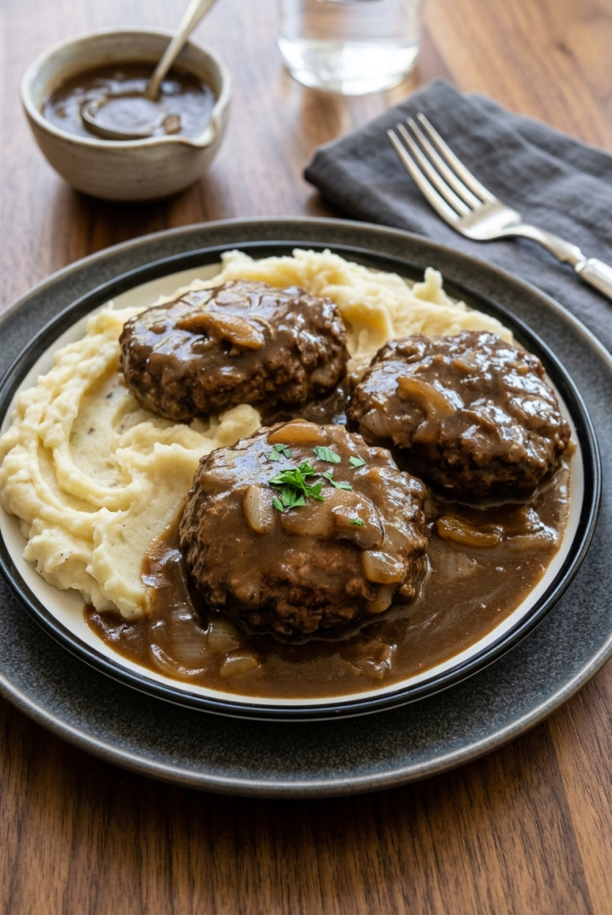 SALISBURY STEAK WITH MASHED POTATOES AND MUSHROOM GRAVY