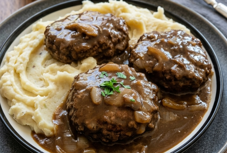 SALISBURY STEAK WITH MASHED POTATOES AND MUSHROOM GRAVY