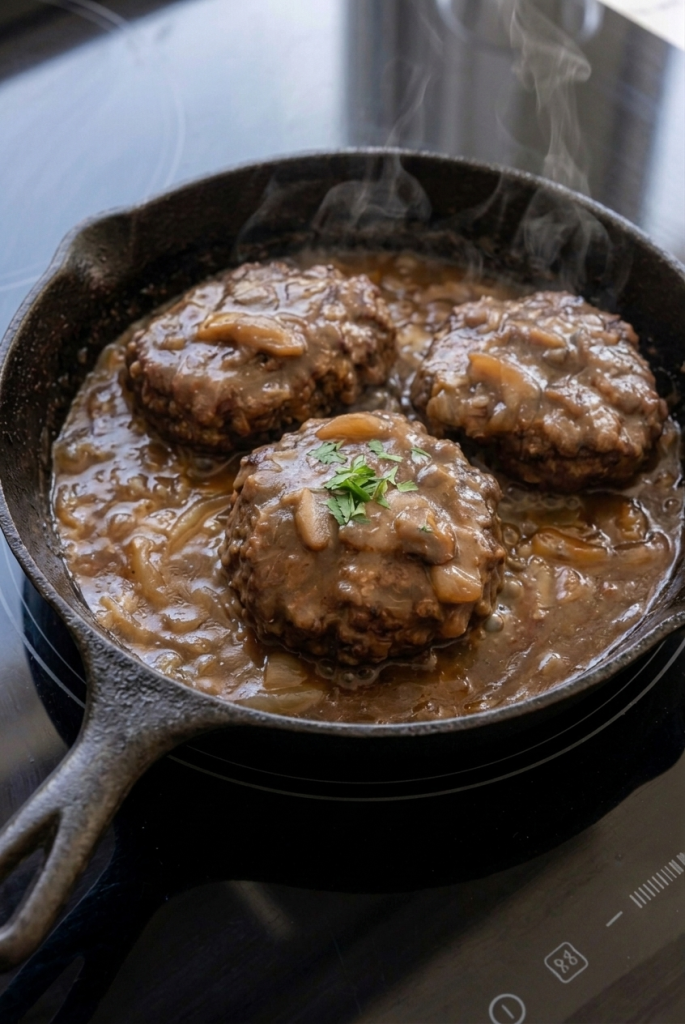 SALISBURY STEAK WITH MASHED POTATOES AND MUSHROOM GRAVY