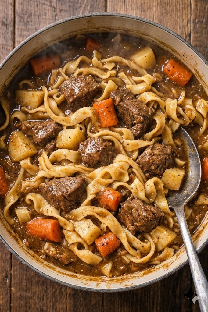 Slow Cooker 3-Ingredient Beef Stew Noodles
