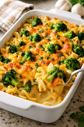 Baked Cheddar Broccoli Noodle Casserole