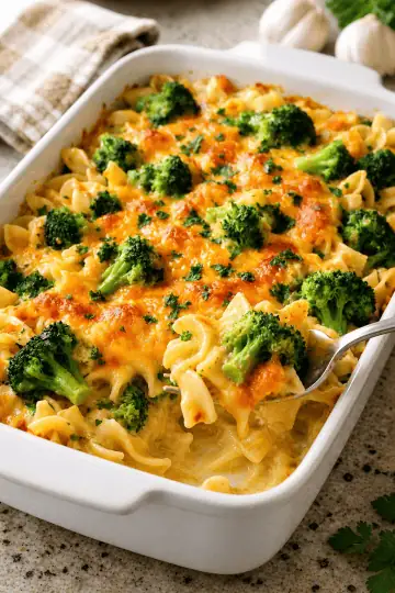 Baked Cheddar Broccoli Noodle Casserole