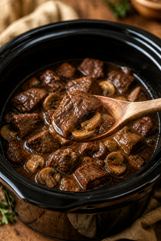 Slow Cooker Mushroom Beef Tips