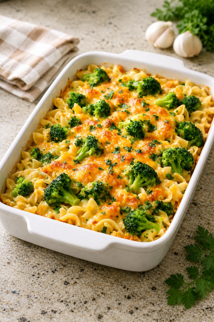 Baked Cheddar Broccoli Noodle Casserole