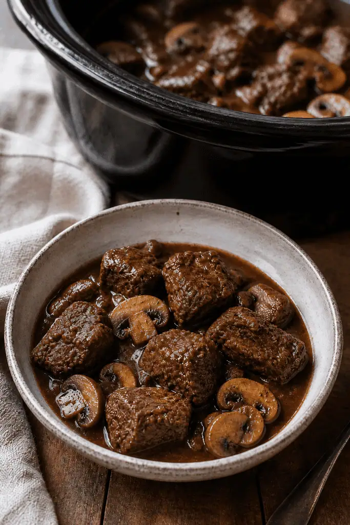 Slow Cooker Mushroom Beef Tips
